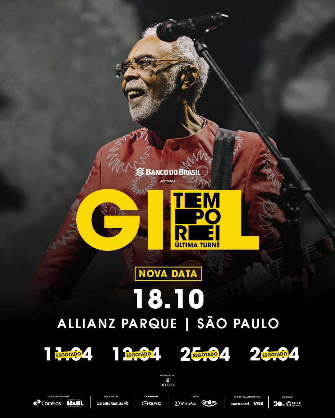 Gilberto Gil anuncia nova apresentação da turnê TEMPO REI em São Paulo após esgotar quatro datas Gilberto Gil anuncia nova apresentação da turnê TEMPO REI em São Paulo após esgotar quatro datas