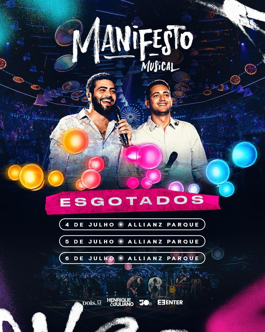 Pela primeira vez no Brasil um artista sertanejo lota três estádios consecutivos! Henrique & Juliano fazem história com três shows esgotados no Allianz Parque