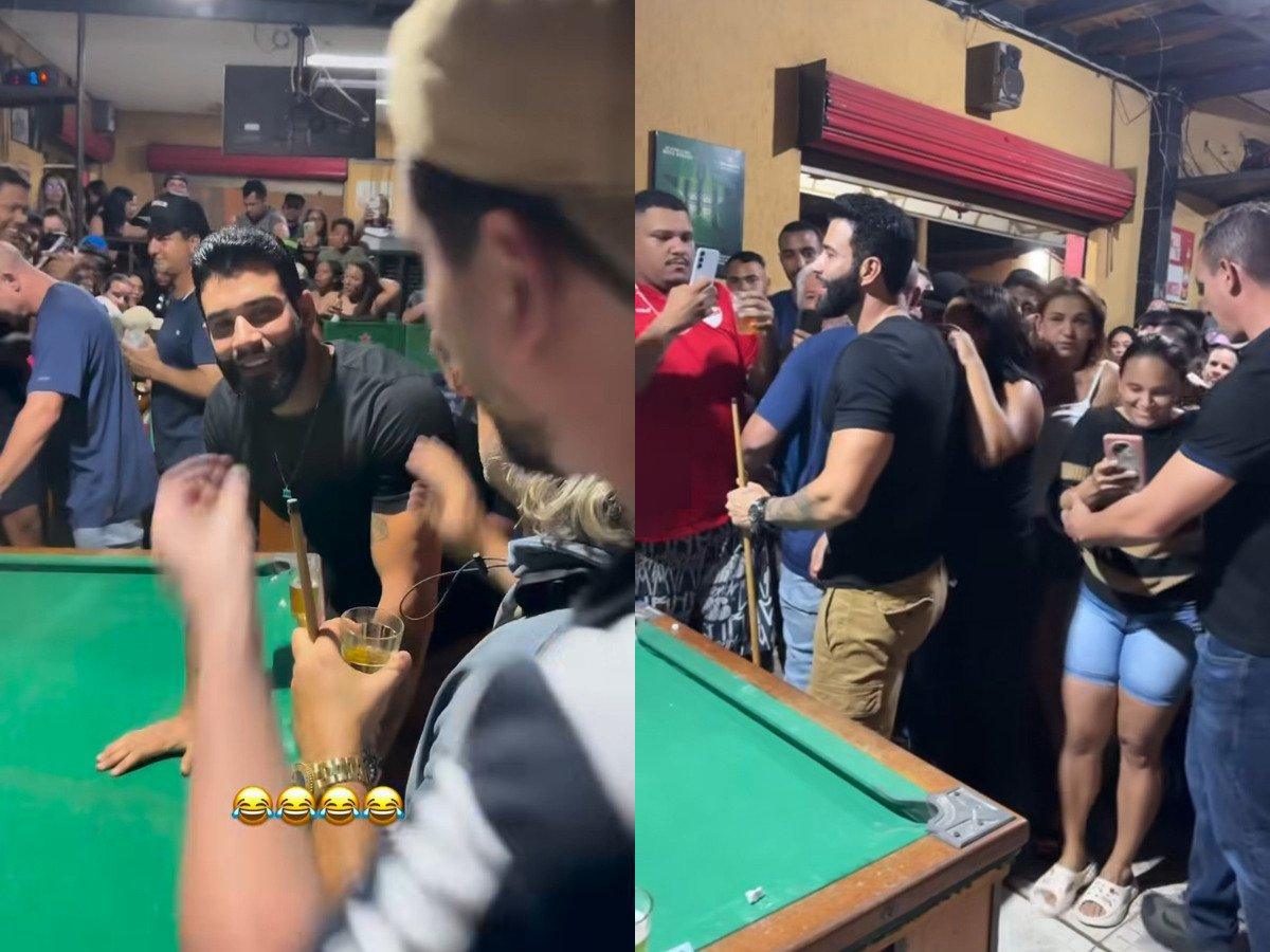 Gusttavo Lima surpreende fãs em bar de Goiânia ao jogar sinuca com outros sertanejos Gusttavo Lima surpreende fãs em bar de Goiânia ao jogar sinuca com outros sertanejos