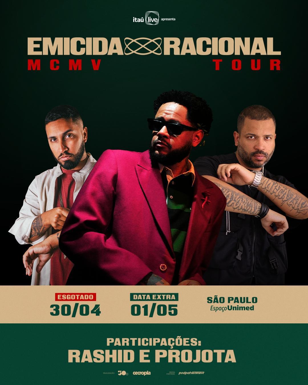 Emicida anuncia participações de Projota e Rashid nos shows de São Paulo
