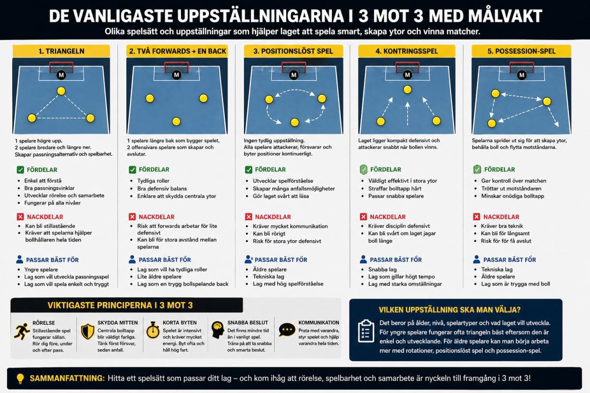 De vanligaste uppställningarna i 3 mot 3 med målvakt i innebandy De vanligaste uppställningarna i 3 mot 3 med målvakt i innebandy