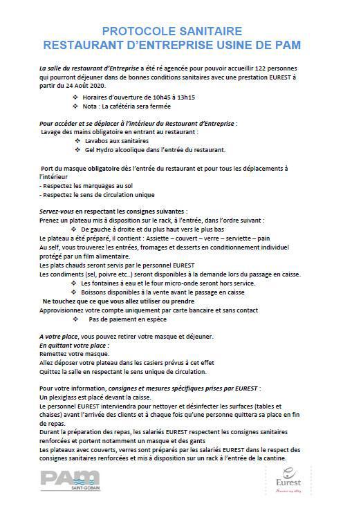 COVID-19 : Protocole sanitaire du restaurant d'entreprise usine de PAM