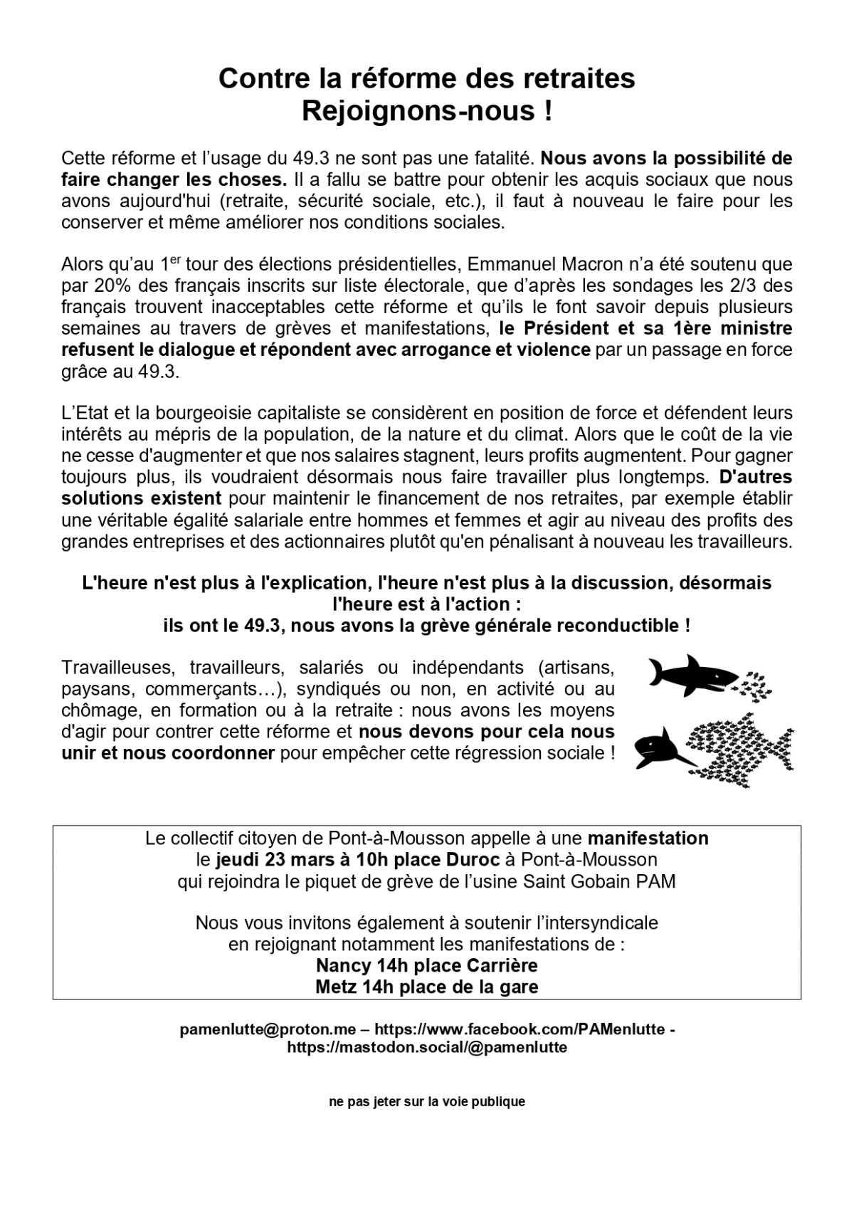 📢 Manifestation 23 Mars à 10h, place Duroc à Pont à Mousson