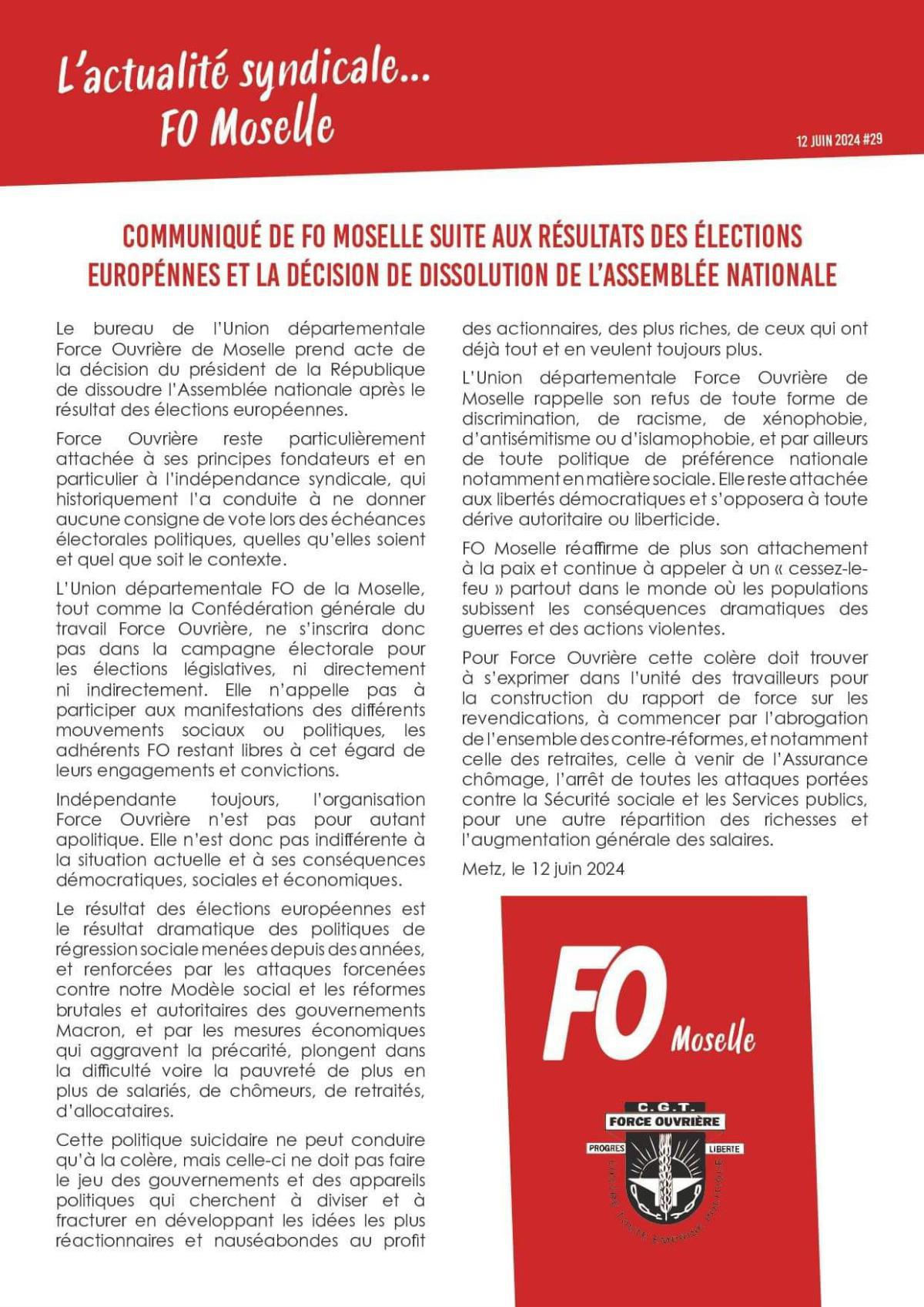 Dissolution de l'Assemblée Nationale| Communiqué FO Moselle