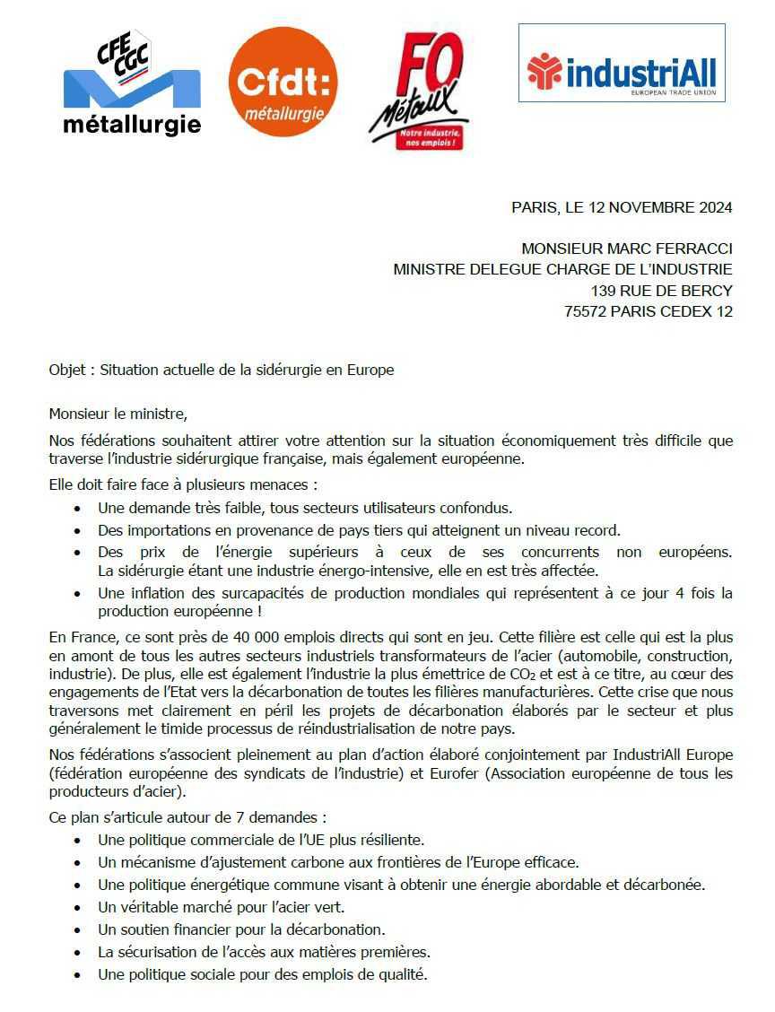 Saisine FO, CGC, CFDT adressé à Monsieur Marc Ferracci Ministre délégué en charge de l’industrie concernant la situation actuelle de la sidérurgie en Europe