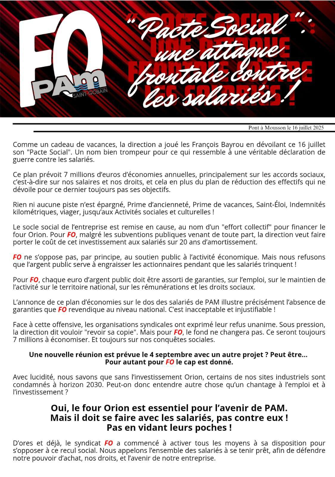 "Pacte social" | Une attaque frontale contre les salariés de PAM !