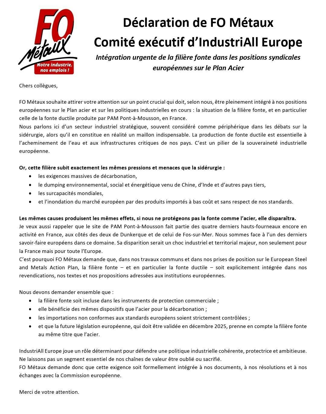 Déclaration de FO Métaux Comité exécutif d’IndustriAll Europe