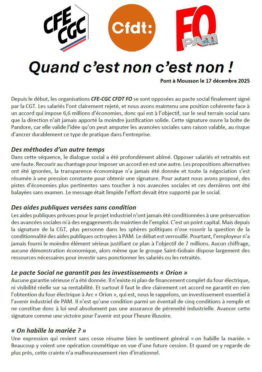 Pacte Social | FO, CFE-CGC, CFDT - Quand c'est non c'est non !