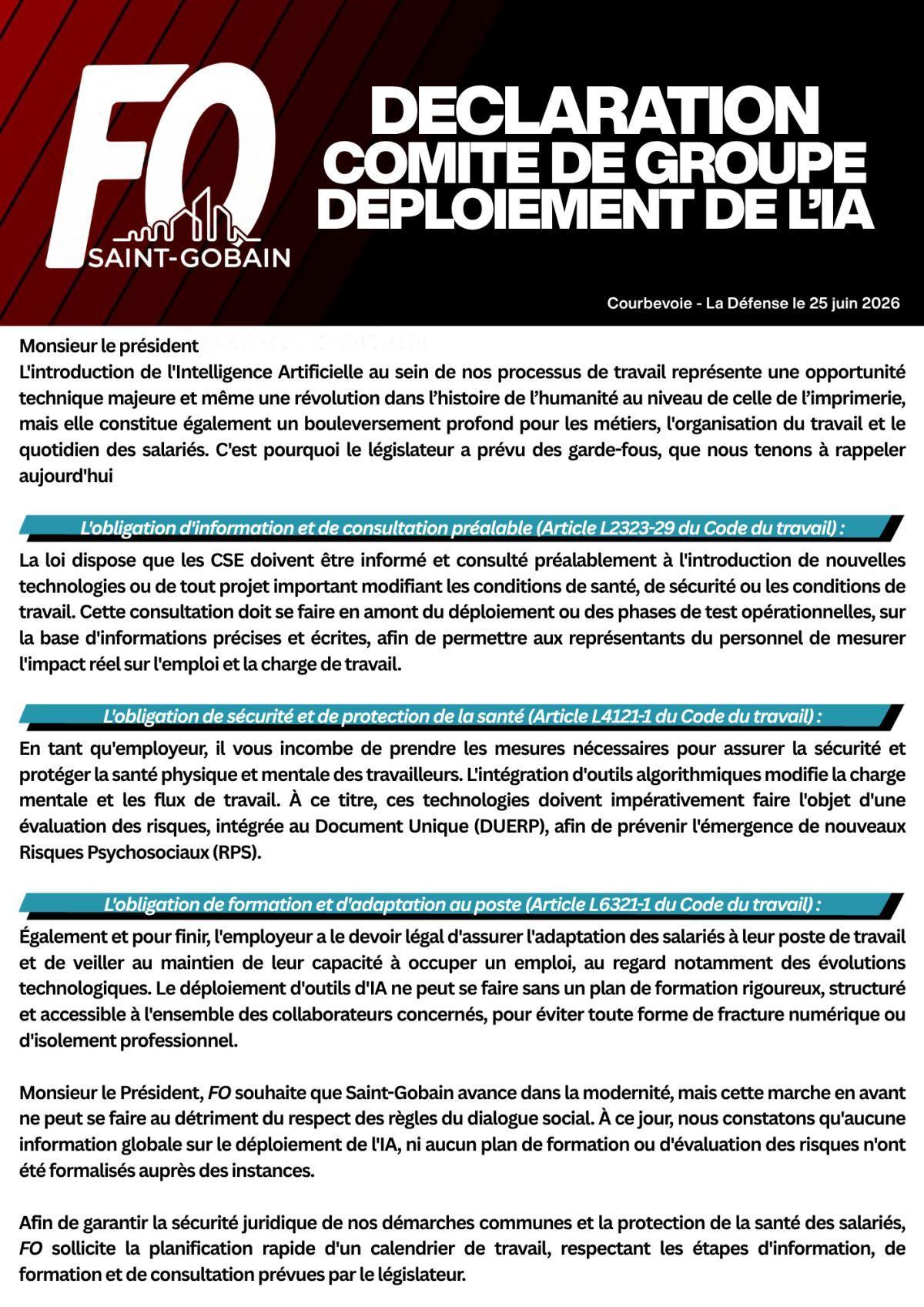 DECLARATION COMITE DE GROUPE DEPLOIEMENT DE L’IA