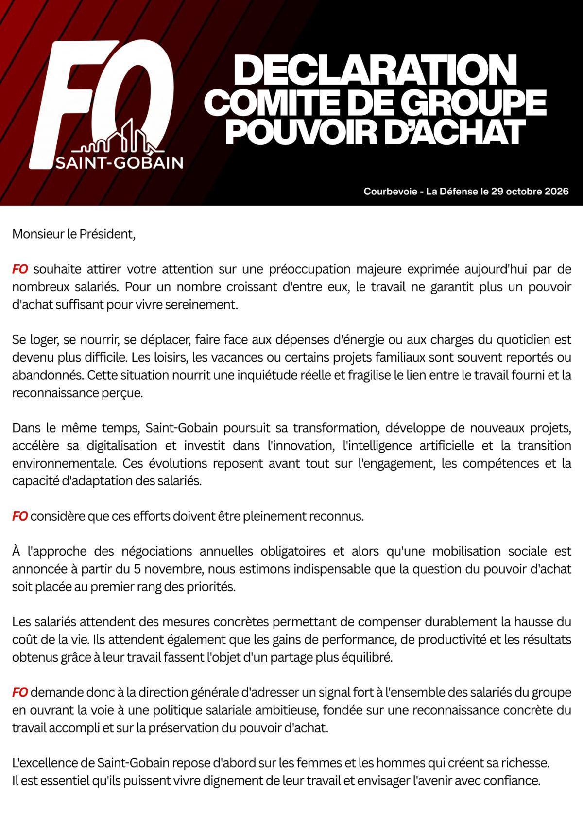Déclaration Comité de Groupe - Pouvoir d'achat