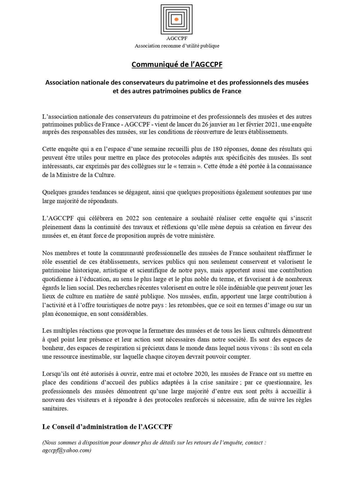 Communiqué de l'AGCCPF - ENQUETE SUR LES CONDITIONS DE REOUVERTURE DES MUSEES Communiqué de l'AGCCPF - ENQUETE SUR LES CONDITIONS DE REOUVERTURE DES MUSEES