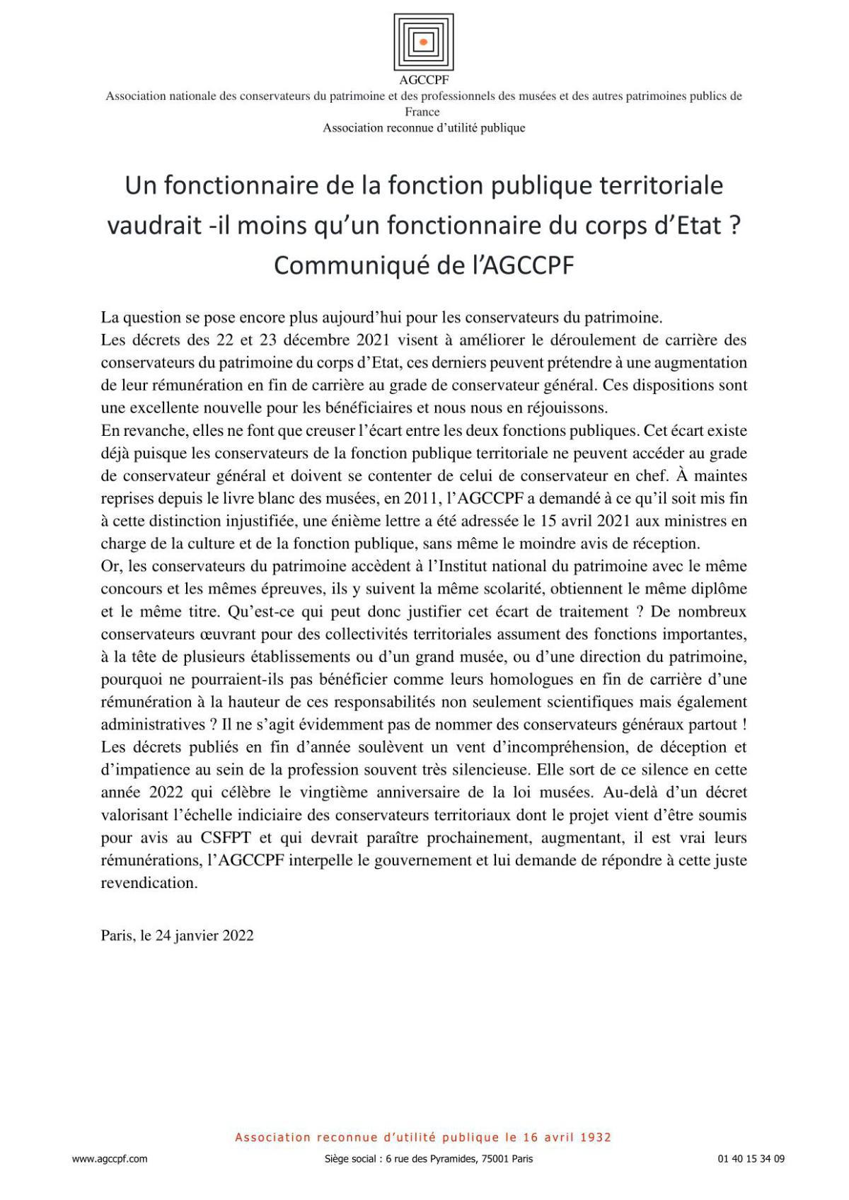 Un fonctionnaire de la fonction publique territoriale vaudrait -il moins qu’un fonctionnaire du corps d’Etat ? - Communiqué de l’AGCCPF