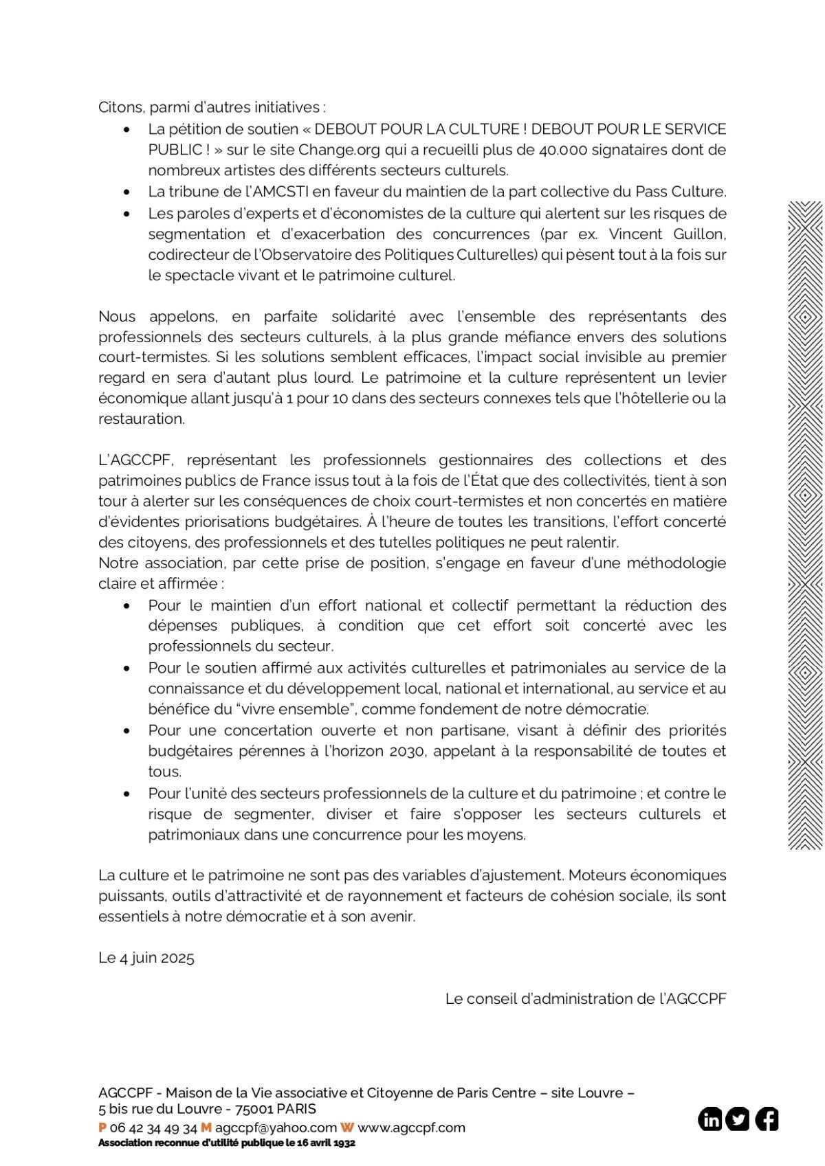 Communiqué de l’AGCCPF - Restrictions et coupes budgétaires appliquées à la culture
