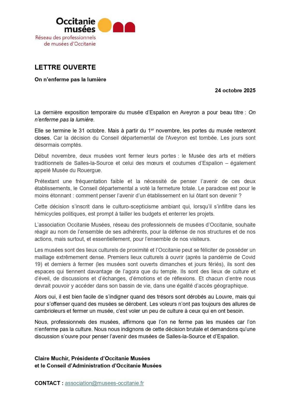 LETTRE OUVERTE Occitanie Musées - fermeture de musées