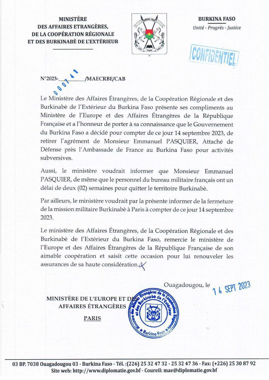 Le Burkina Faso expulse l’attaché militaire français, accusé d’« activités subversives »