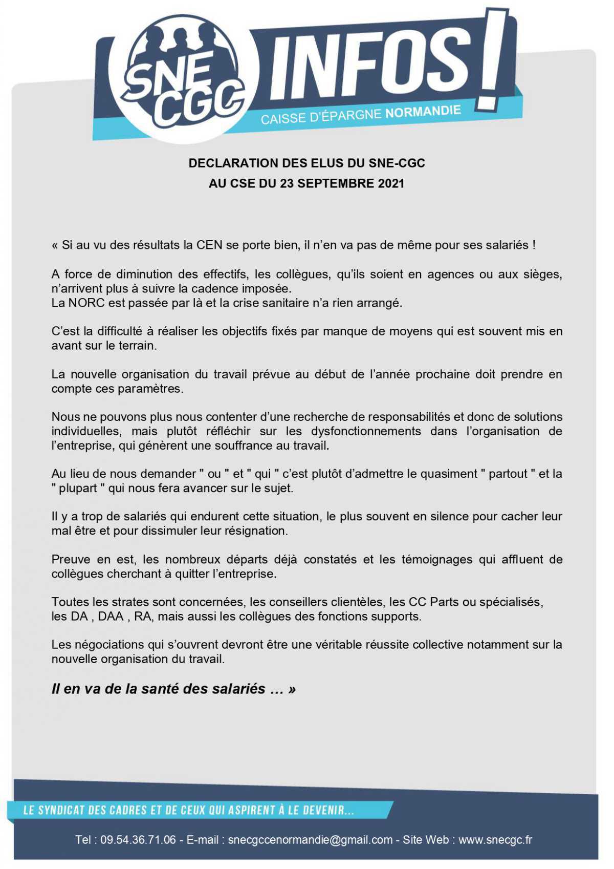 Déclaration des élus SNE-CGC au CSE du 23/09/2021