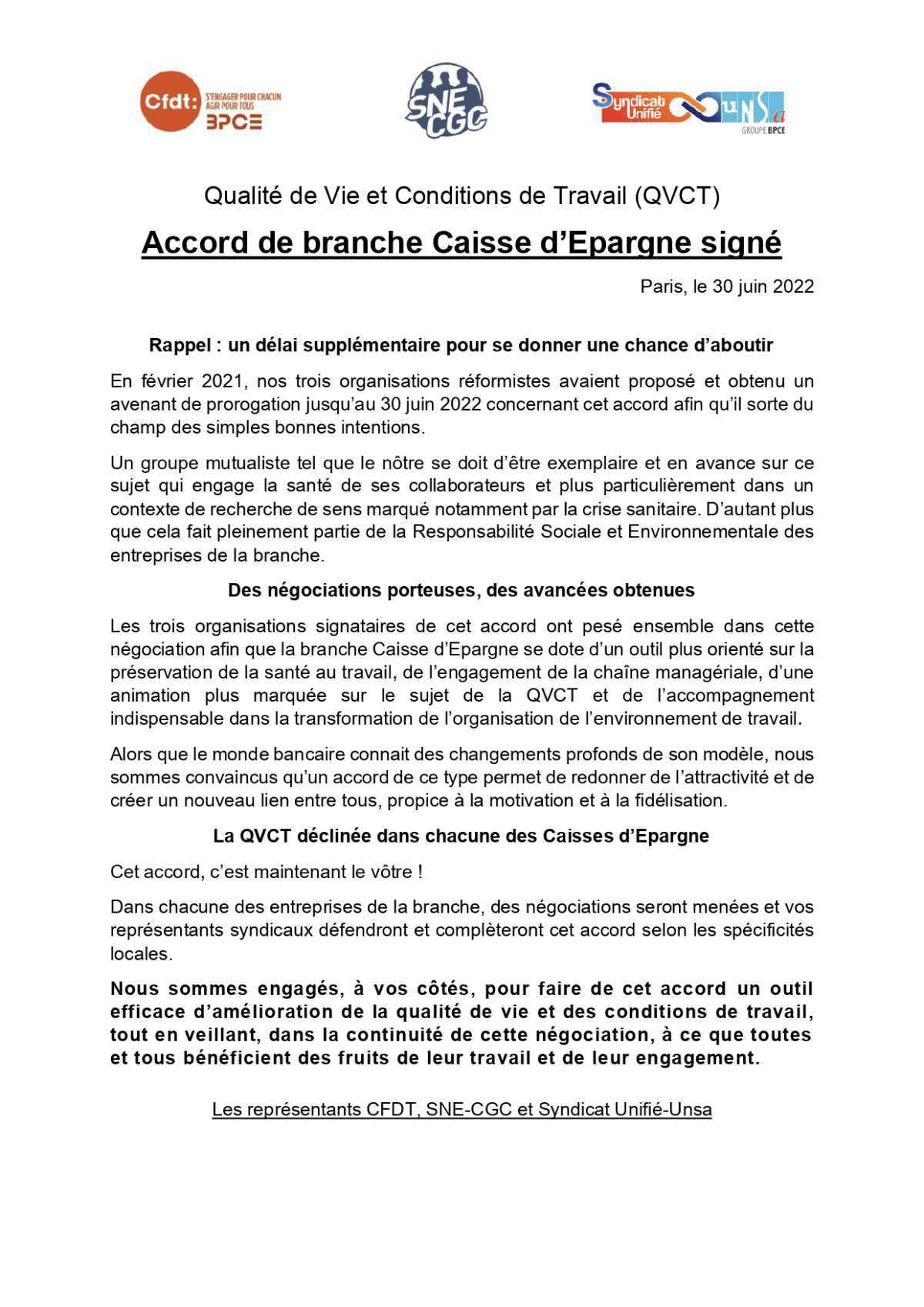 Qualité de Vie et Conditions de Travail (QVCT) : Un accord national à décliner en CEN Qualité de Vie et Conditions de Travail (QVCT) : Un accord national à décliner en CEN