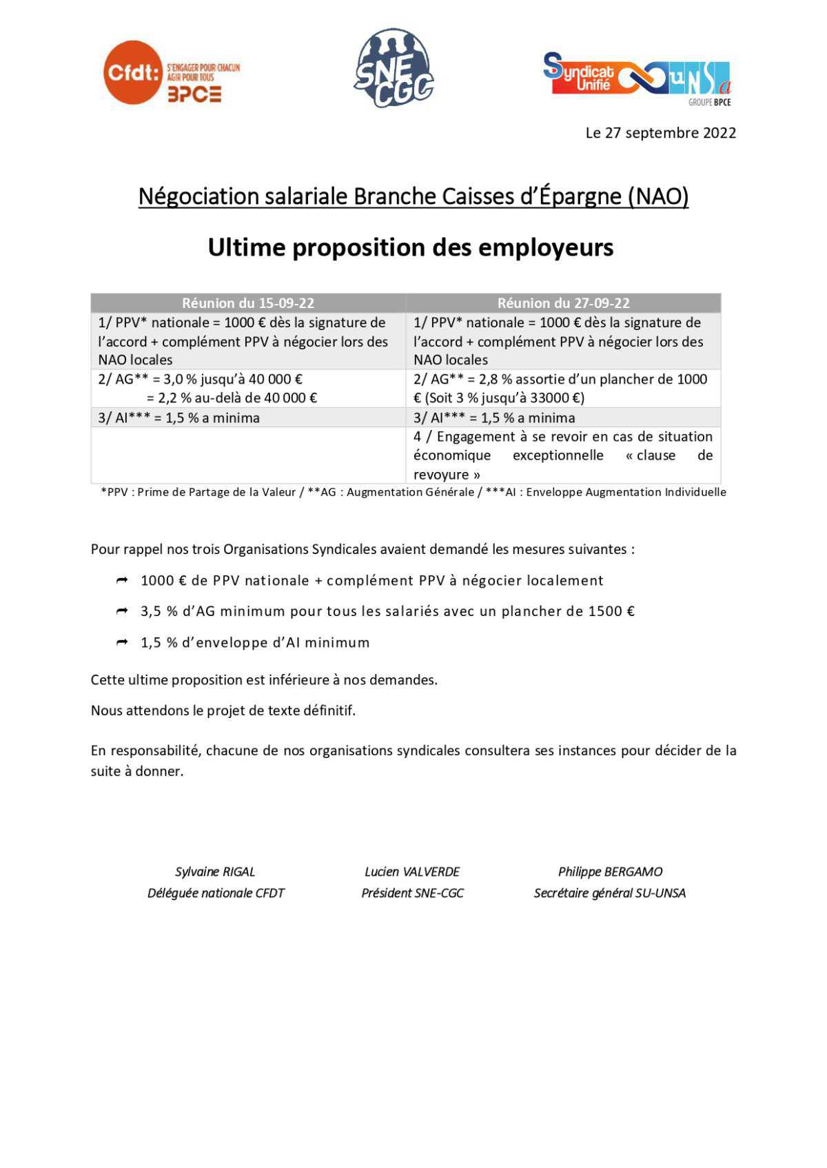 NAO Nationale : Ultime proposition des employeurs du 27 septembre