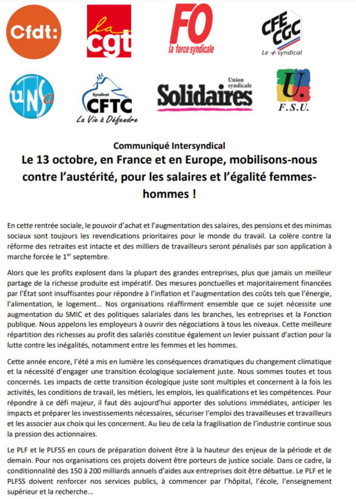 Mobilisation du 13 octobre - Tract Intersyndical