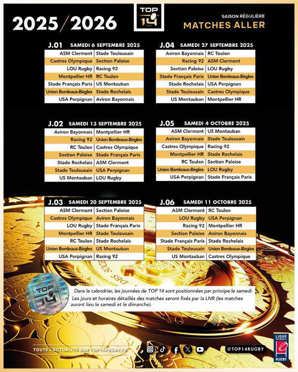 Calendrier TOP 14 saison 2025/2026 🏉