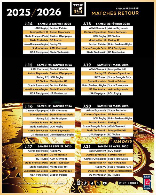 Calendrier TOP 14 saison 2025/2026 🏉