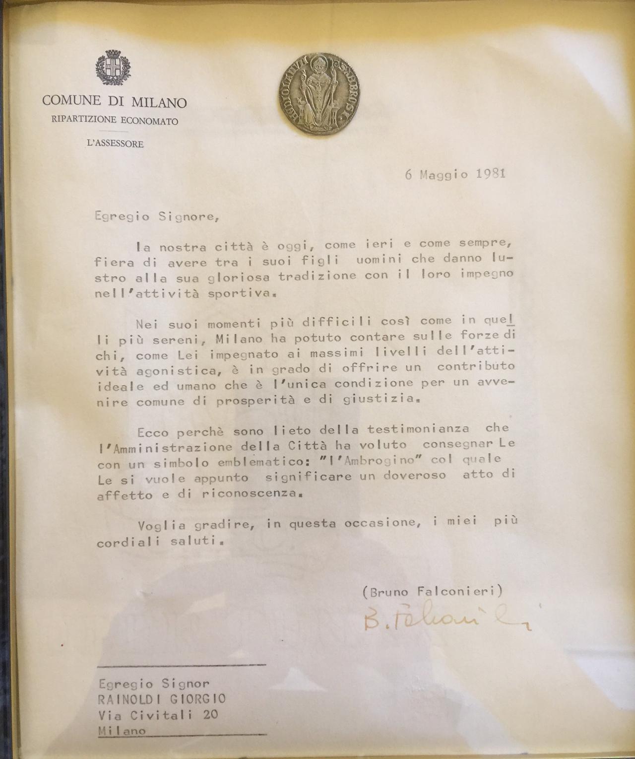Ambrogino - riconoscimento del Comune di Milano a Giorgio Rainoldi - 1981