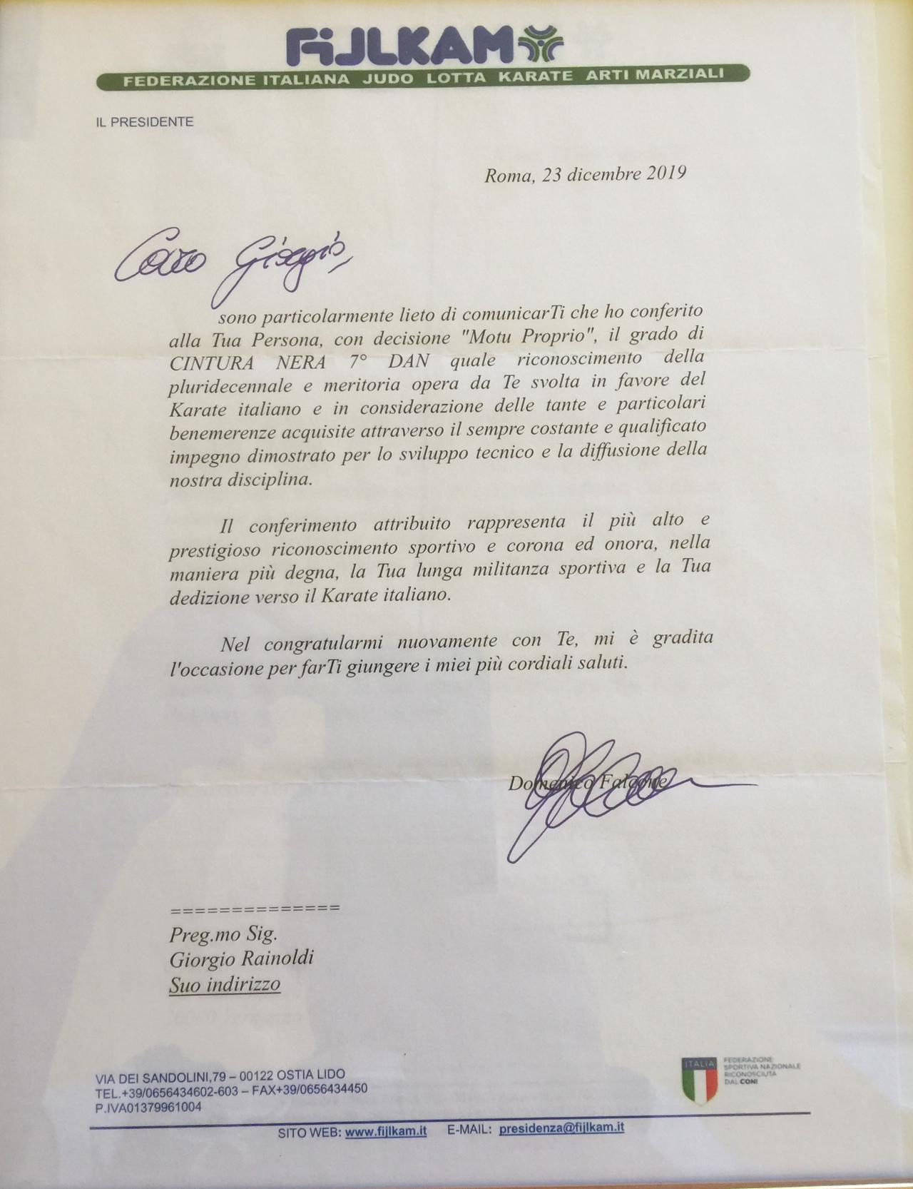 lettera conferimento 7° Dan