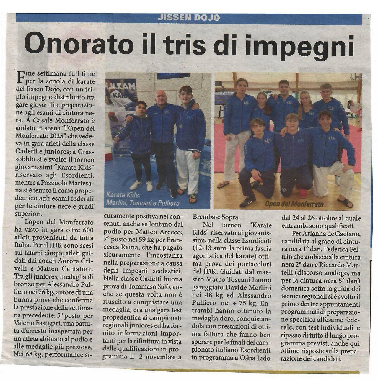Articolo libertà open monferrato e Karate kids del 24 ottobre 2025