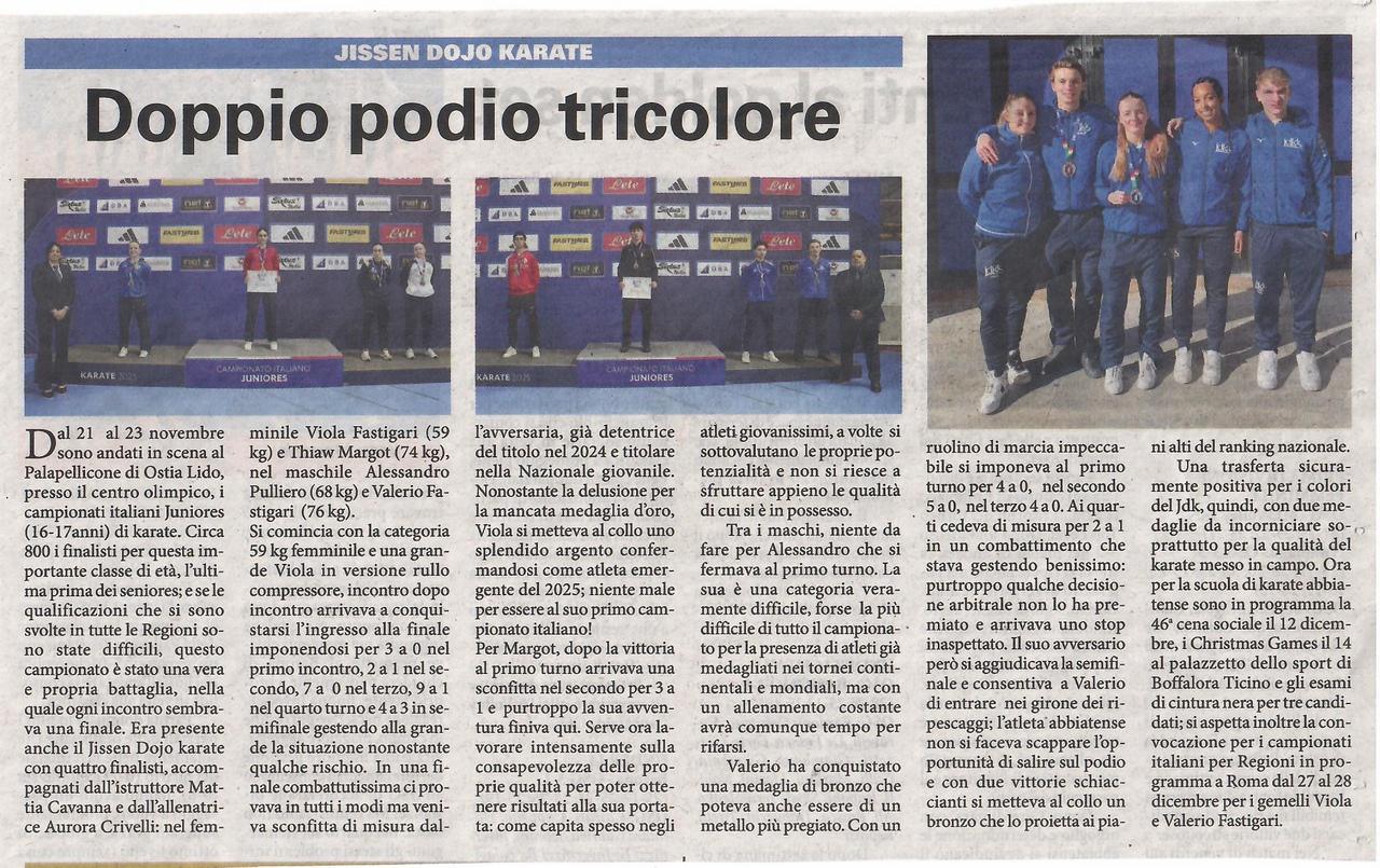 articolo Libertà Campionati Italiani juniores del 28 novembre 2025