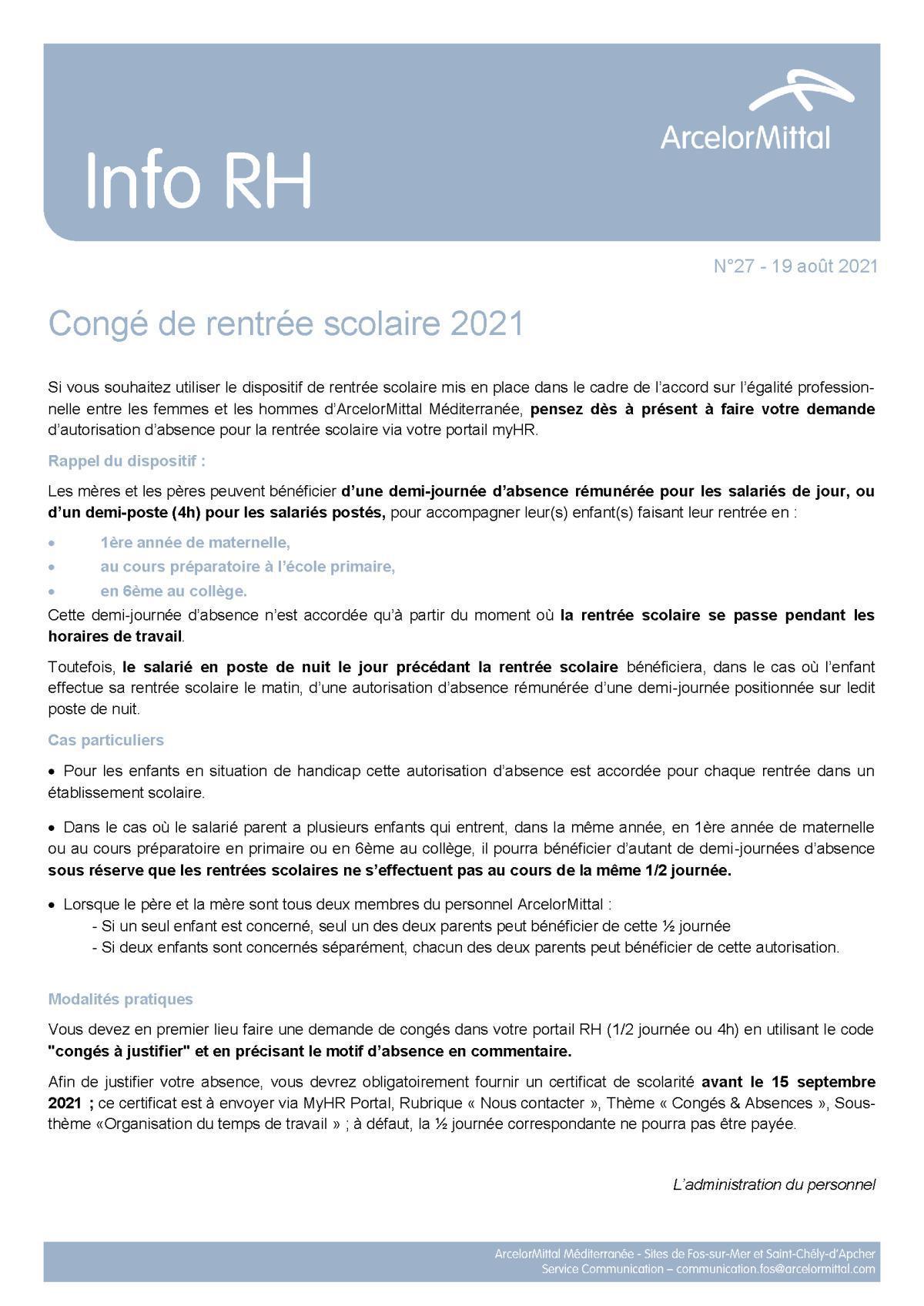 Congé de rentrée scolaire 2021 Congé de rentrée scolaire 2021