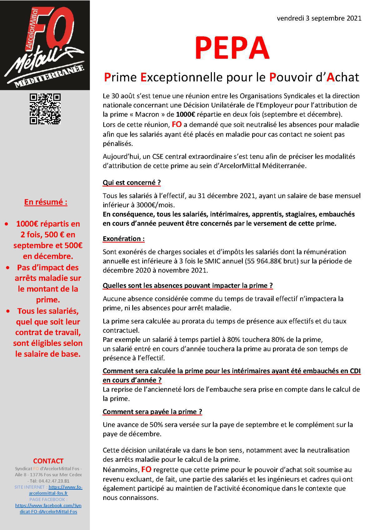 Prime exceptionnelle pouvoir d'achat: 1 000€