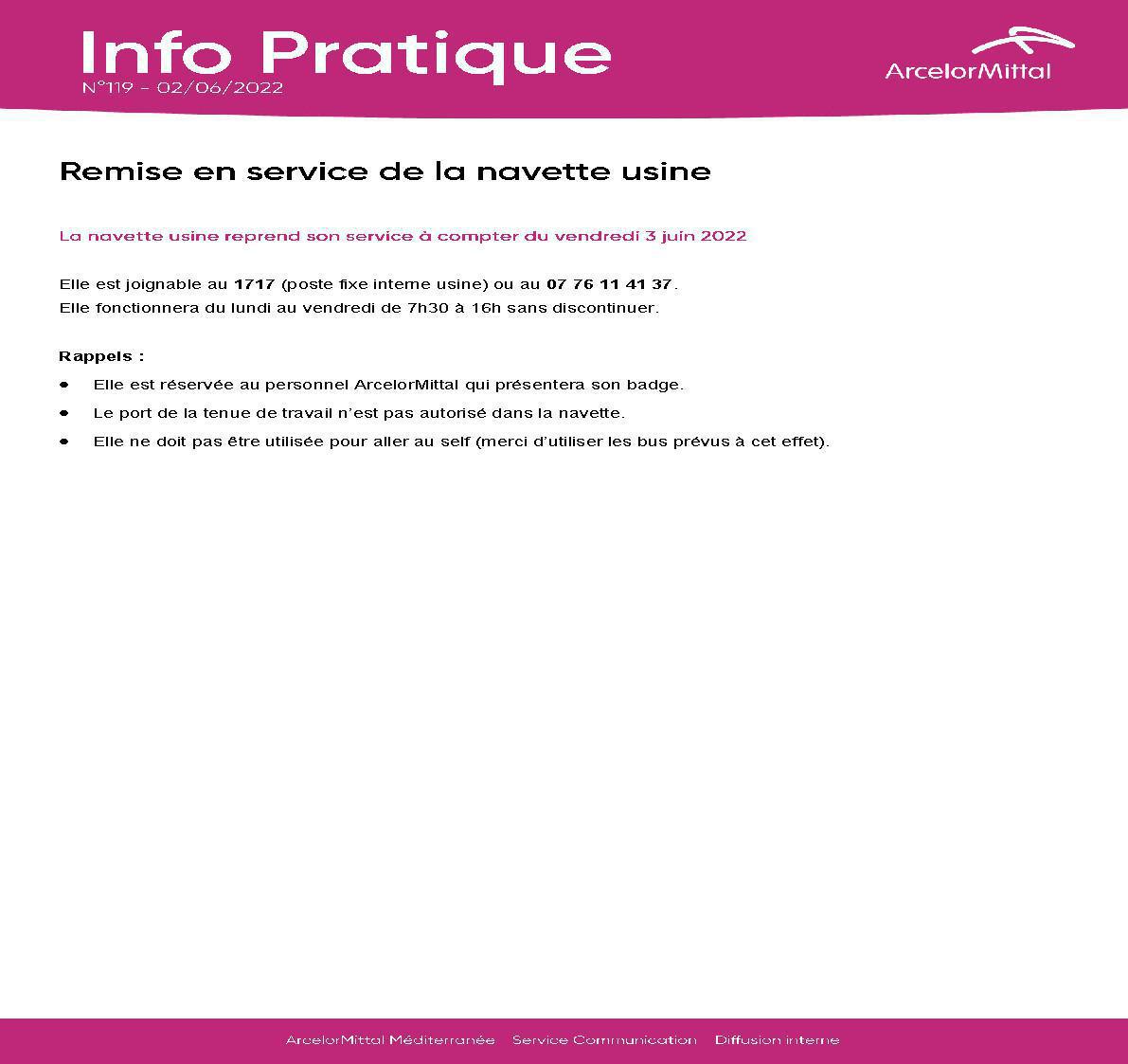 Remise en service de la navette usine