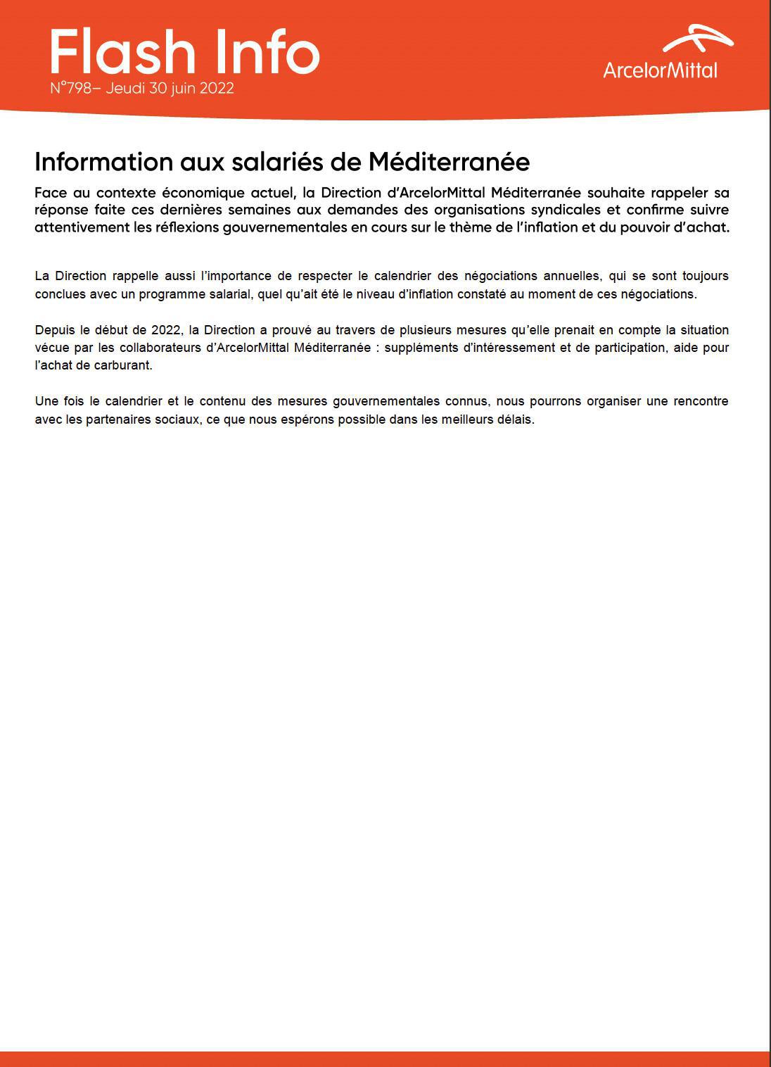 Face au contexte économique actuel, la direction d'ArcelorMittal Méditerranée souhaite rappeler sa réponse