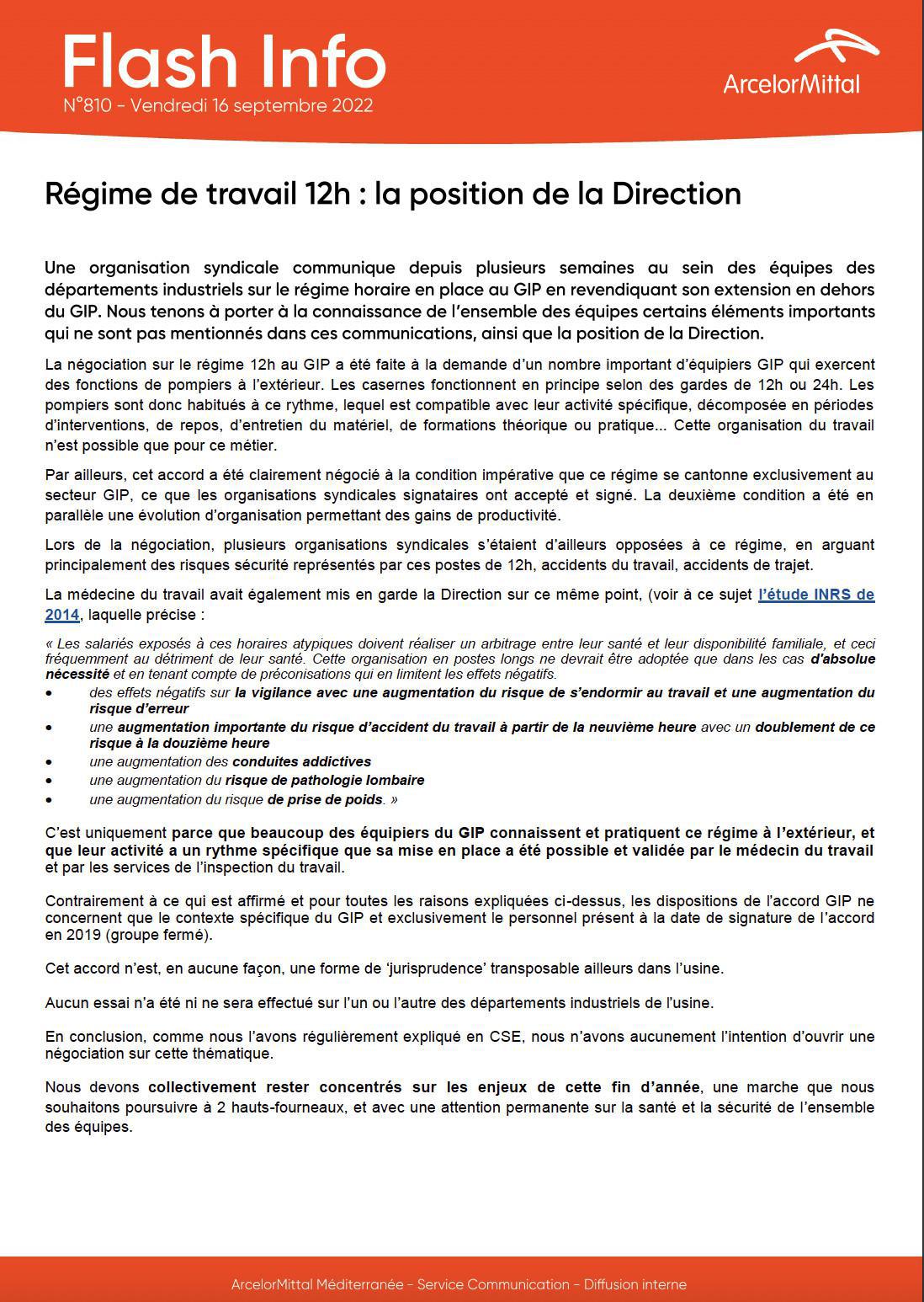 Régime de travail 12H: la position de la direction