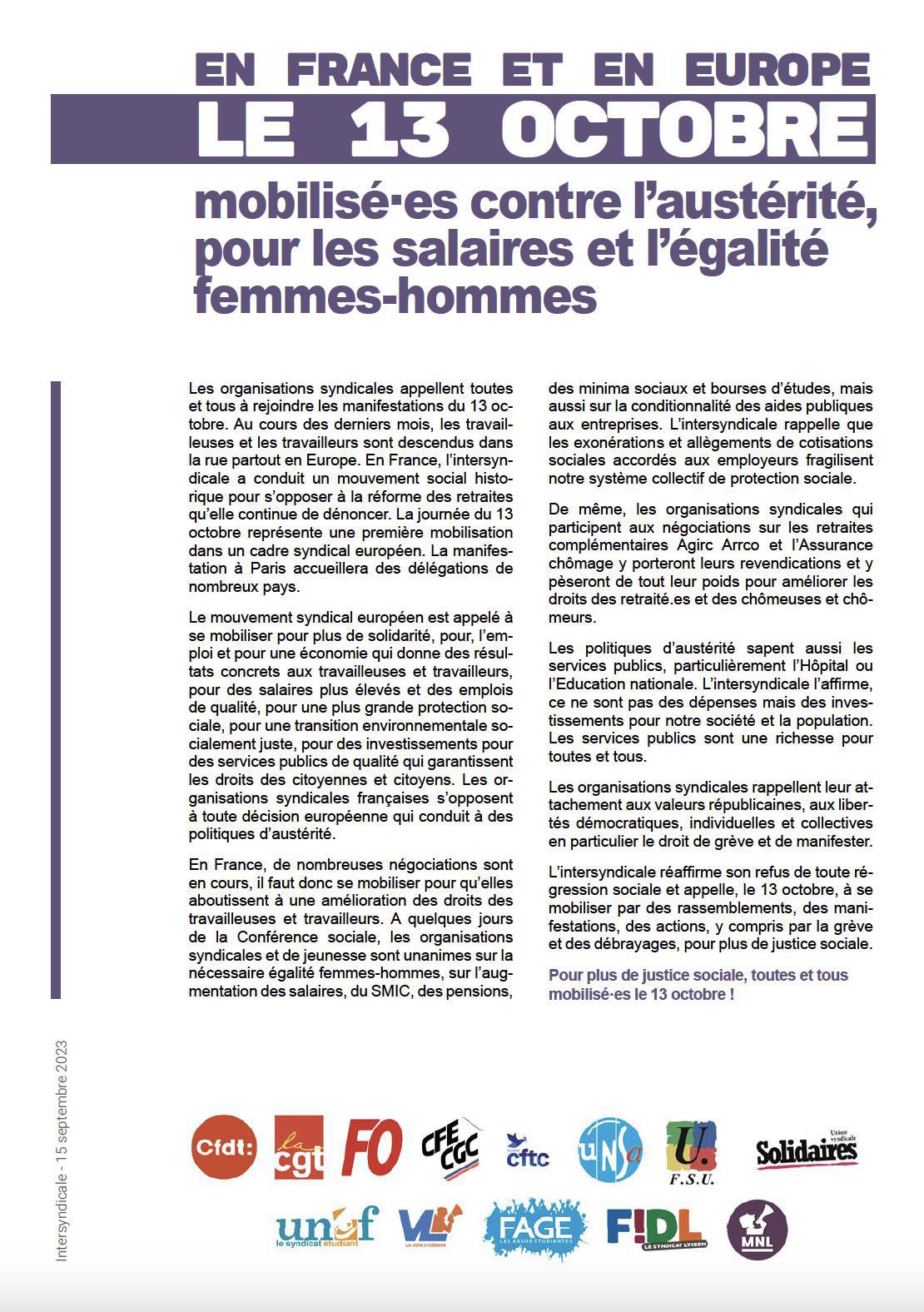 Le 13 octobre, la France et l'Europe mobilisés contre l'austérité, pour les salaires et l'égalité femmes-hommes