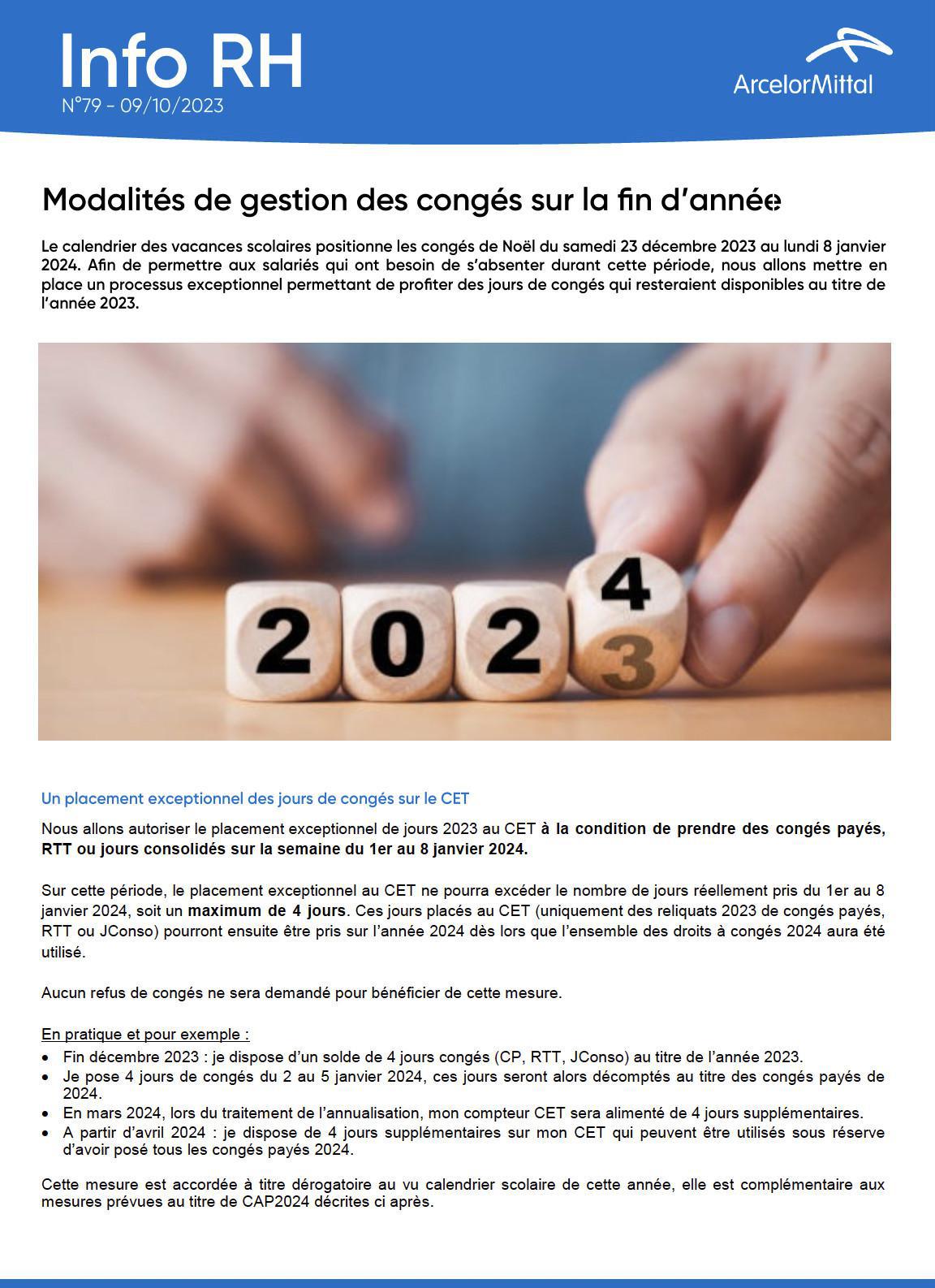 Modalités de gestion des congés sur la fin d'année 2023