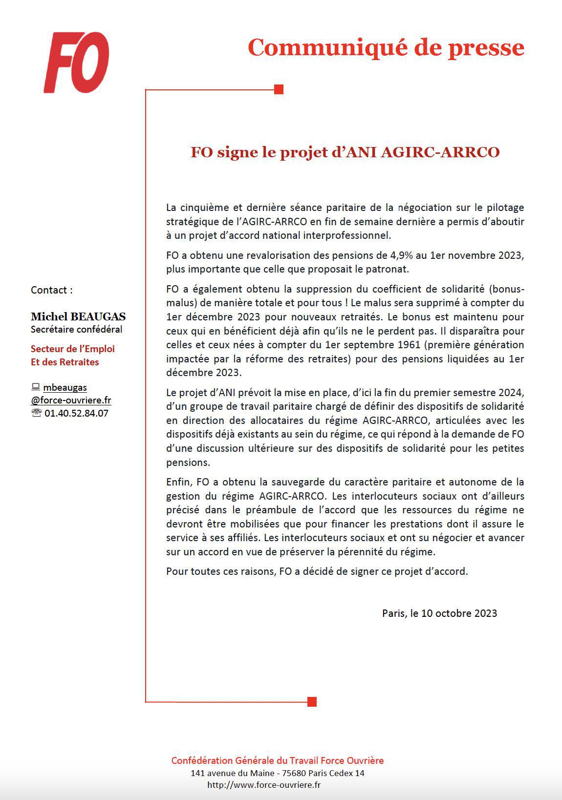 FO signe le projet d’ANI AGIRC-ARRCO