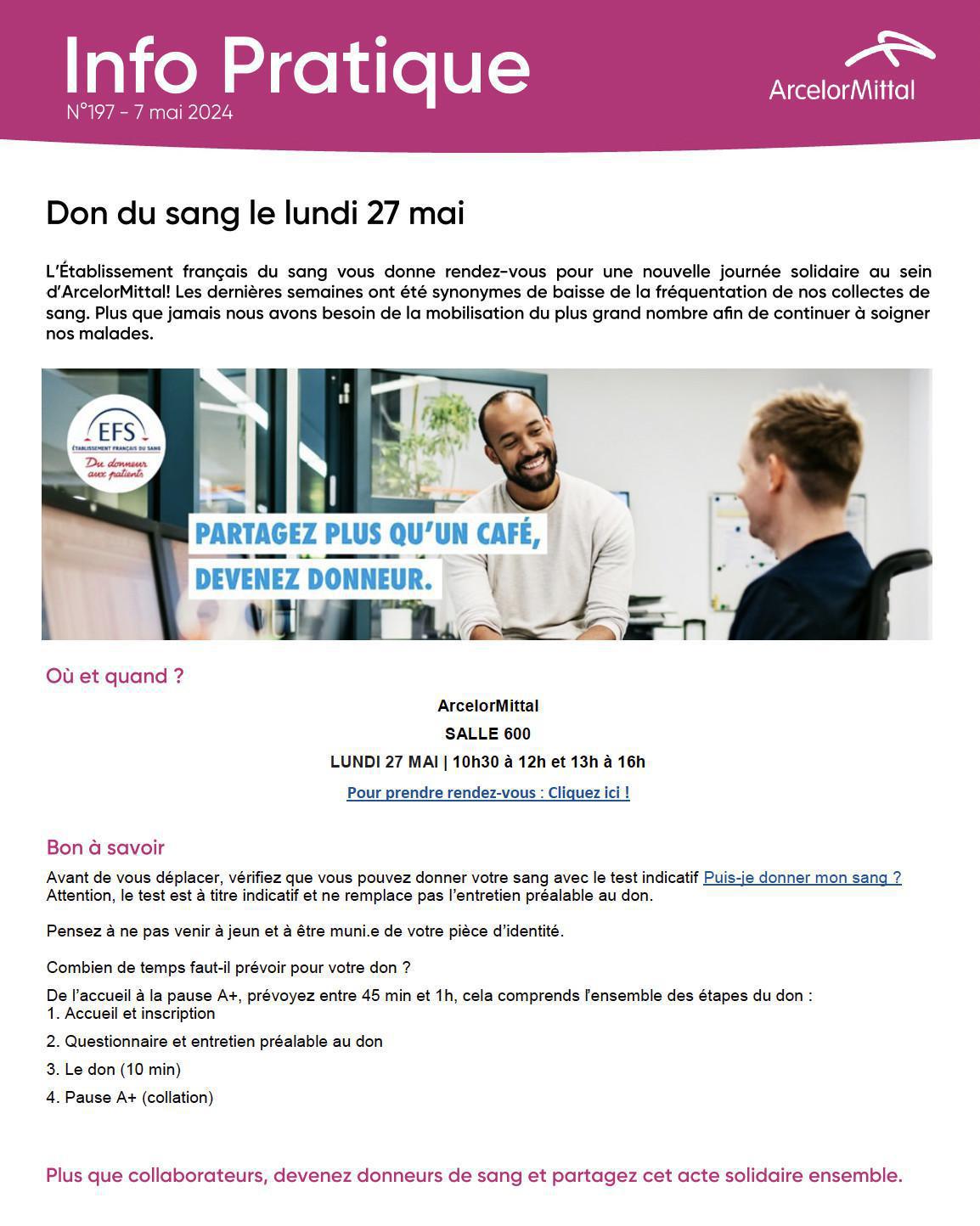 Don du sang lundi 27 mai 2024 de 10h30 à 16H00 - Salle 600 Don du sang lundi 27 mai 2024 de 10h30 à 16H00 - Salle 600