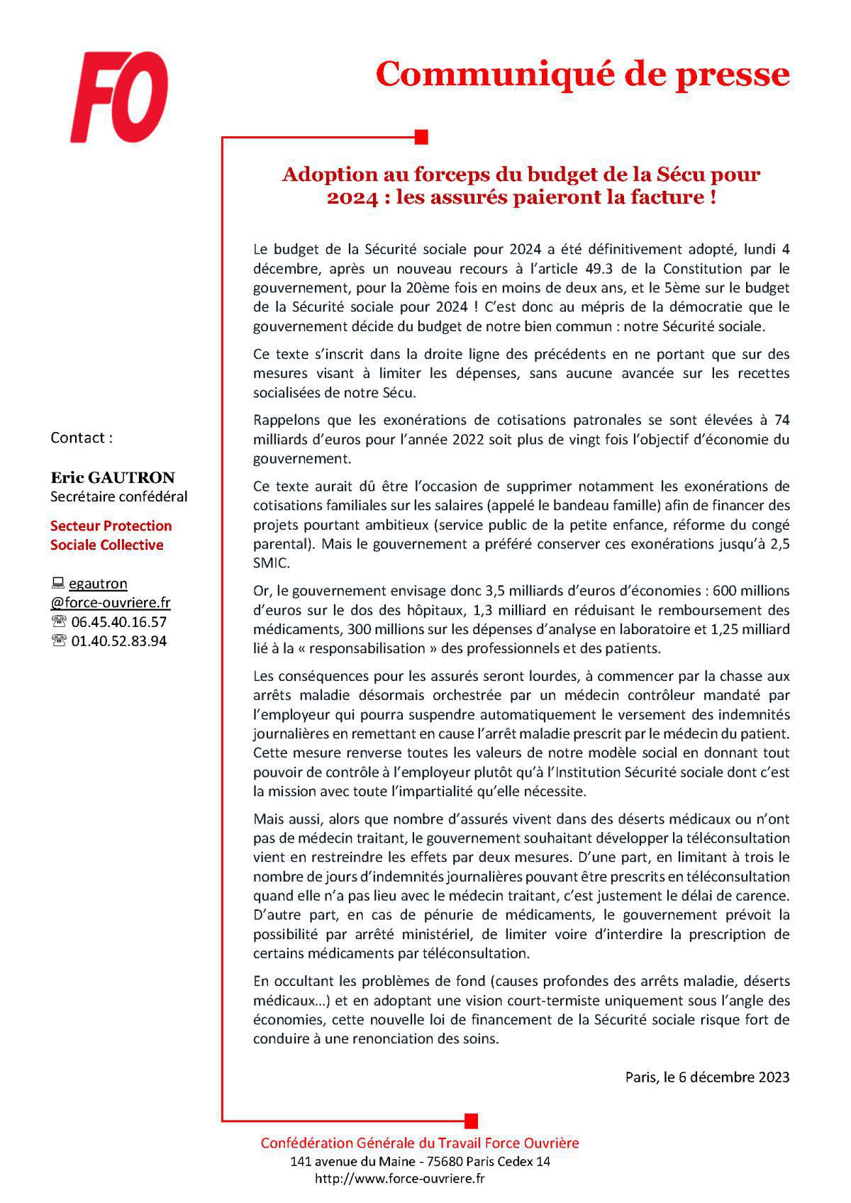 Adoption au forceps du budget de la Sécu pour 2024 : les assurés paieront la facture ! Adoption au forceps du budget de la Sécu pour 2024 : les assurés paieront la facture !