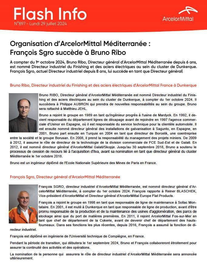 Organisation d'ArcelorMittal Méditerranée: François Sgro succède à Bruno Ribo