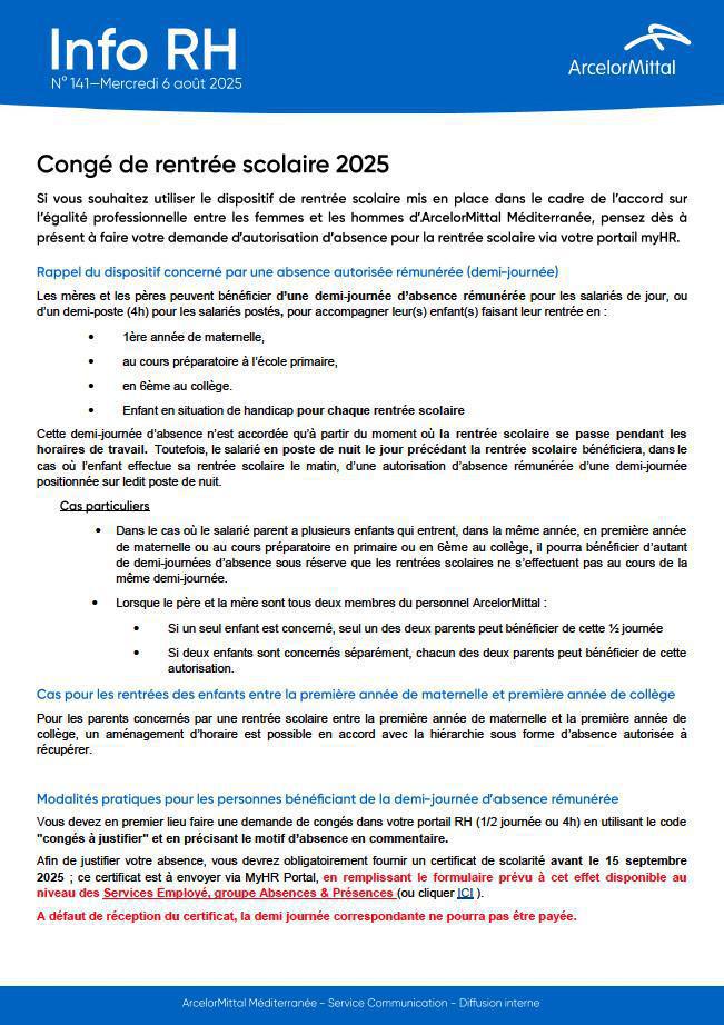 CONGÉ DE RENTRÉE SCOLAIRE 2025