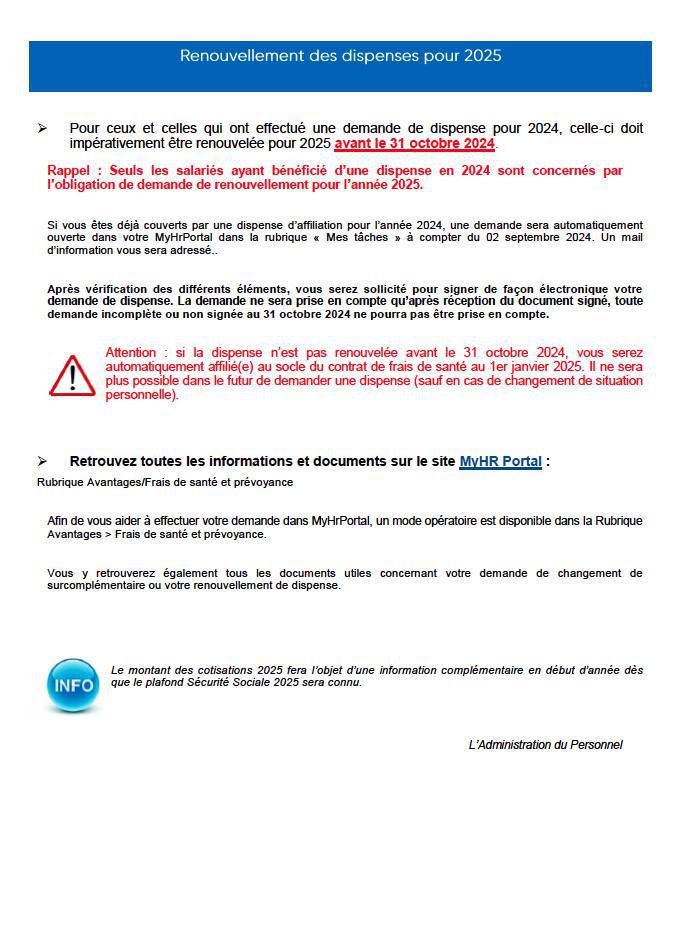 RAPPEL des modalités de Changement des surcomplémentaires Santé Malakoff Humanis et renouvellement des dispenses pour 2025