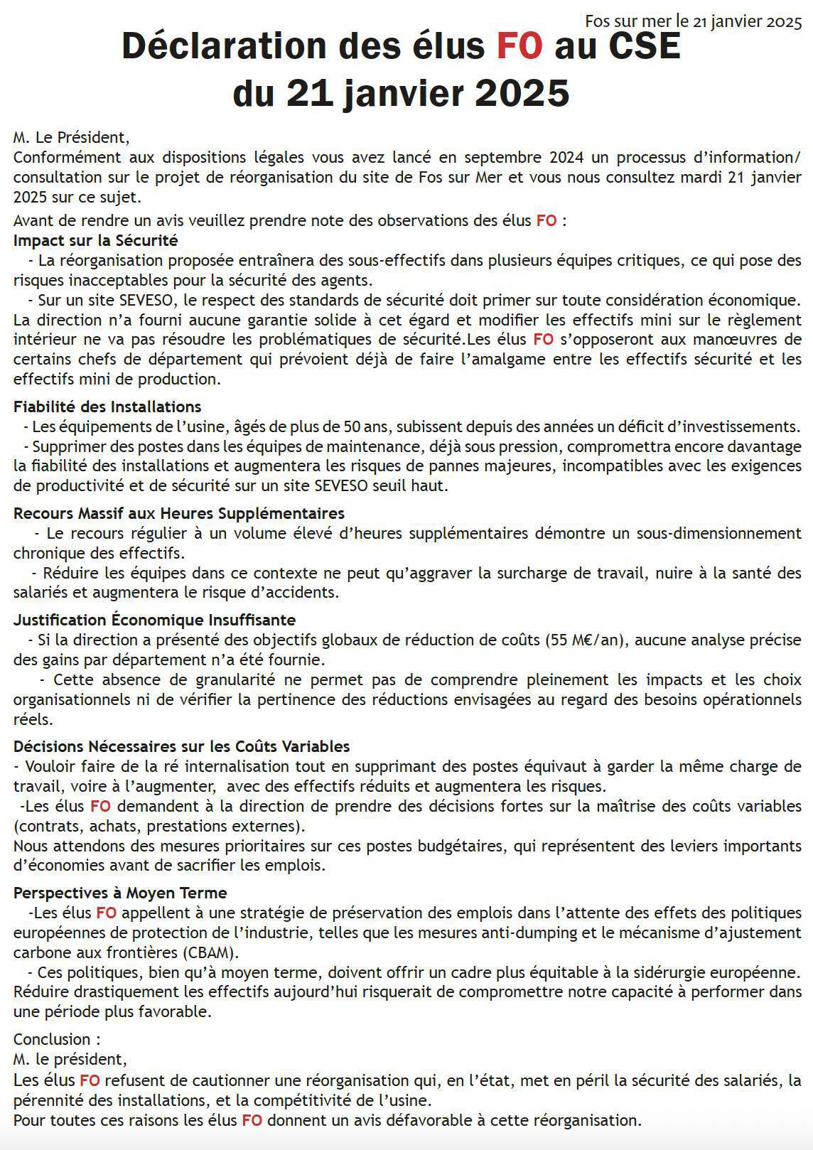 Déclaration des élus FO au CSE du 21 janvier 2025 Déclaration des élus FO au CSE du 21 janvier 2025