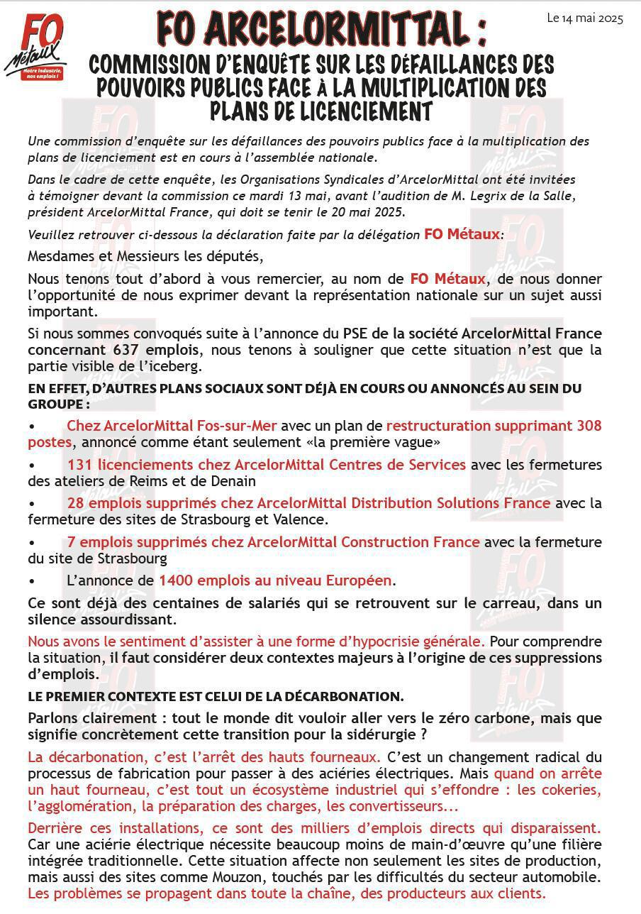 FO Métaux entendu à l'assemblée Nationale
