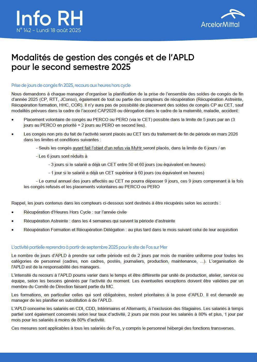 Modalités de gestion des congés payés, APLD et autres absences pour le second semestre 2025 Modalités de gestion des congés payés, APLD et autres absences pour le second semestre 2025
