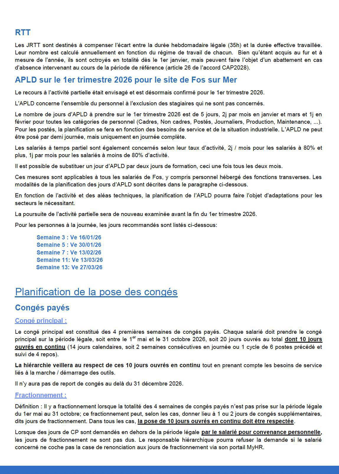 Modalités de gestion des congés payés, APLD 2026