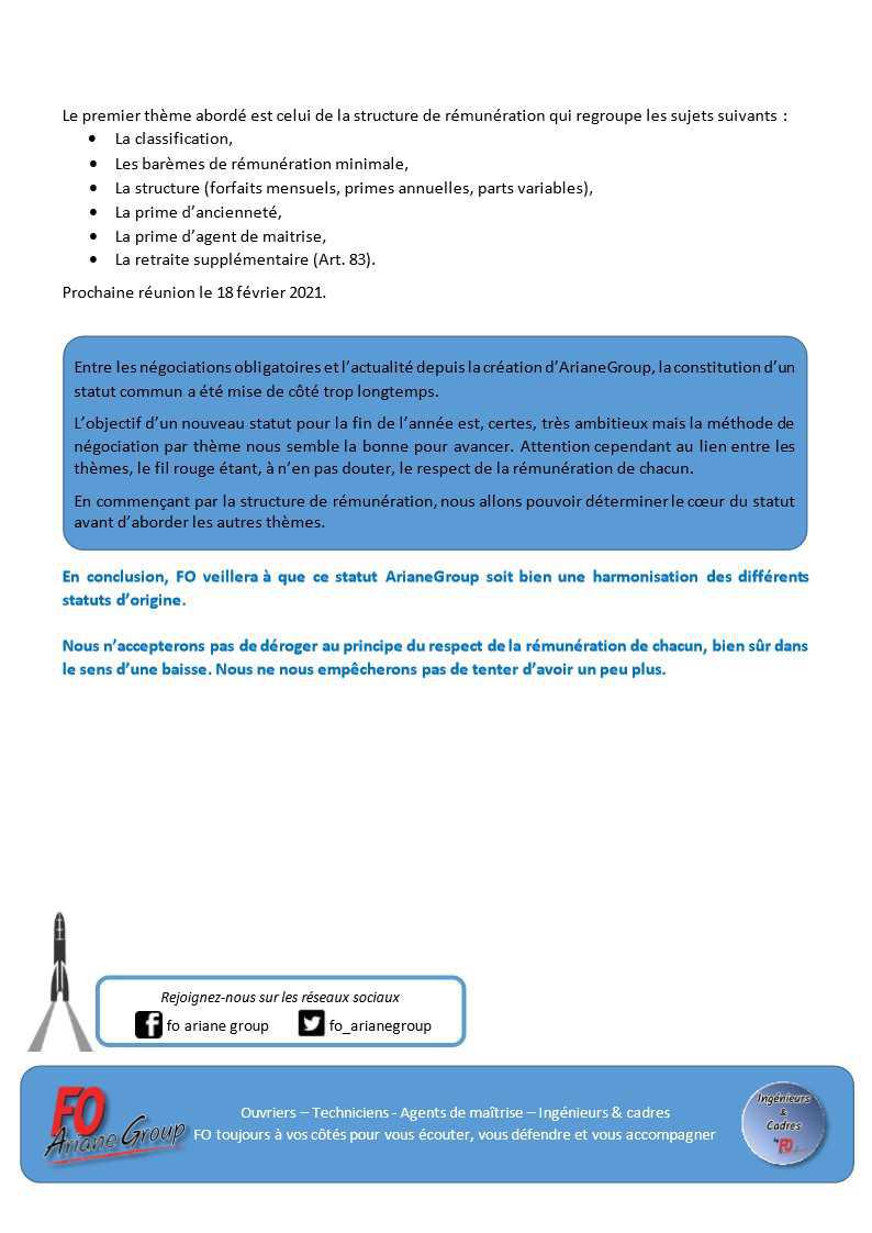 Newsletter FO 2021-02 : Reprise de la négociation du statut social ArianeGroup