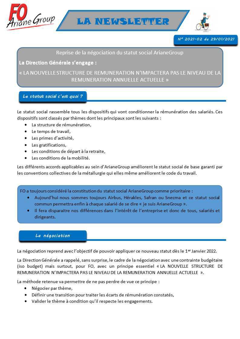 Newsletter FO 2021-02 : Reprise de la négociation du statut social ArianeGroup