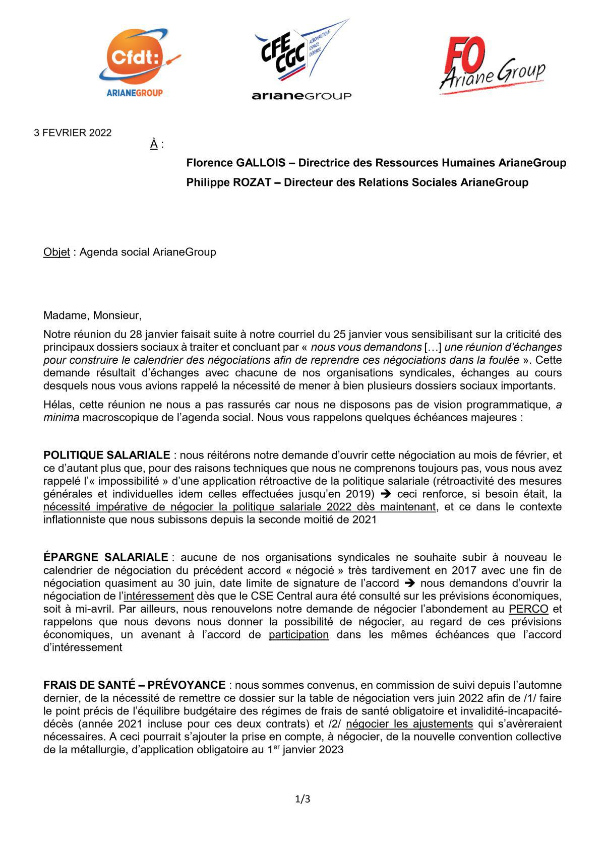 Courrier Intersyndical, CFDT / CFE-CGC / FO, concernant l'agenda social d'AGS