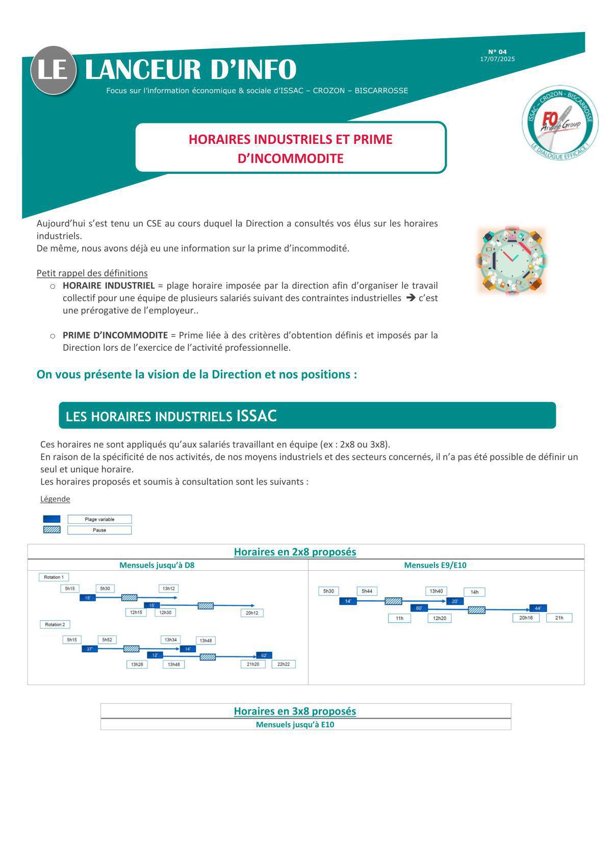 HORAIRES INDUSTRIELS ET PRIME D’INCOMMODITE